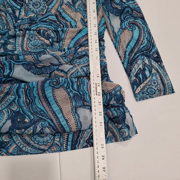 y2k Babydoll Blouse Top Womens Large Blue Paisley Sheer Ruched V Neck - Picture 6 of 8